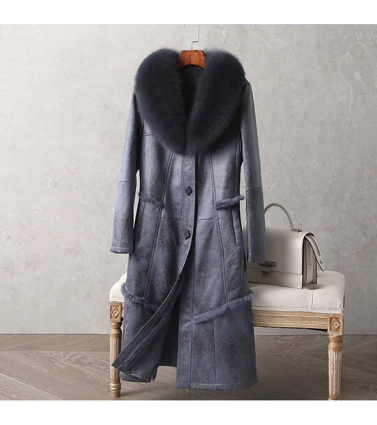 Genuine Leather  Mid-Length Fox Fur Collar Rabbit Fur Lining Coat