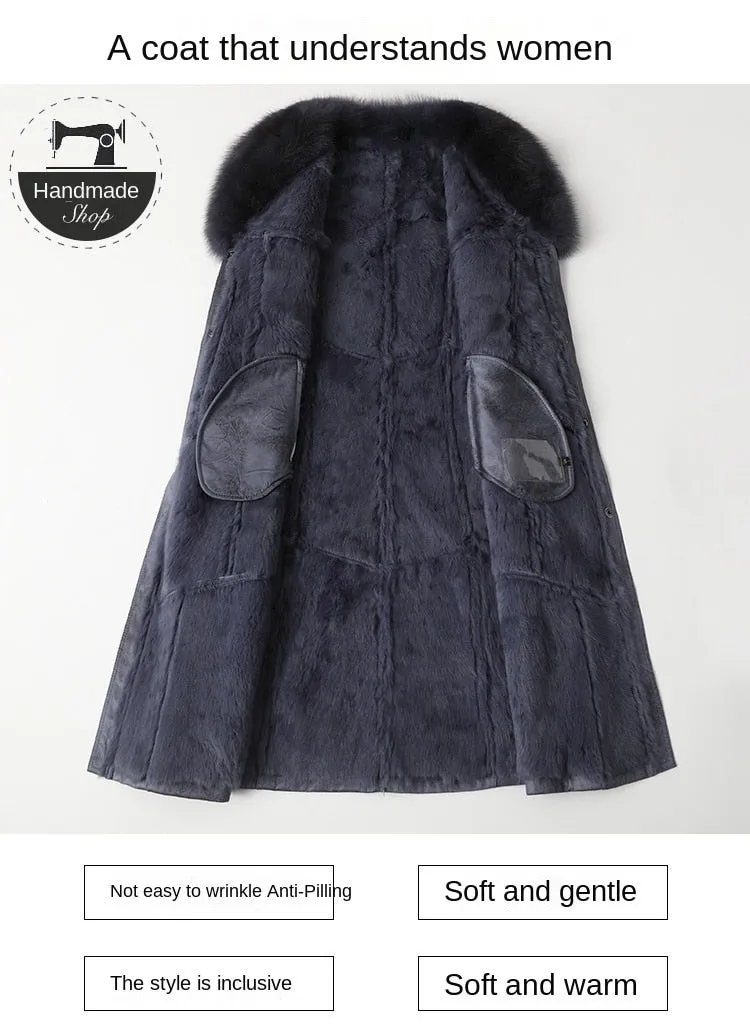 Genuine Leather  Mid-Length Fox Fur Collar Rabbit Fur Lining Coat