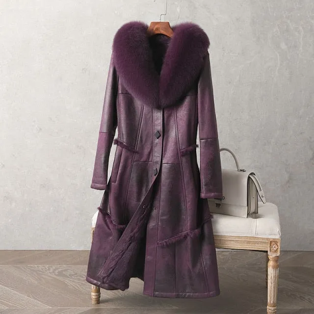 Genuine Leather  Mid-Length Fox Fur Collar Rabbit Fur Lining Coat