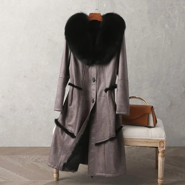 Genuine Leather  Mid-Length Fox Fur Collar Rabbit Fur Lining Coat