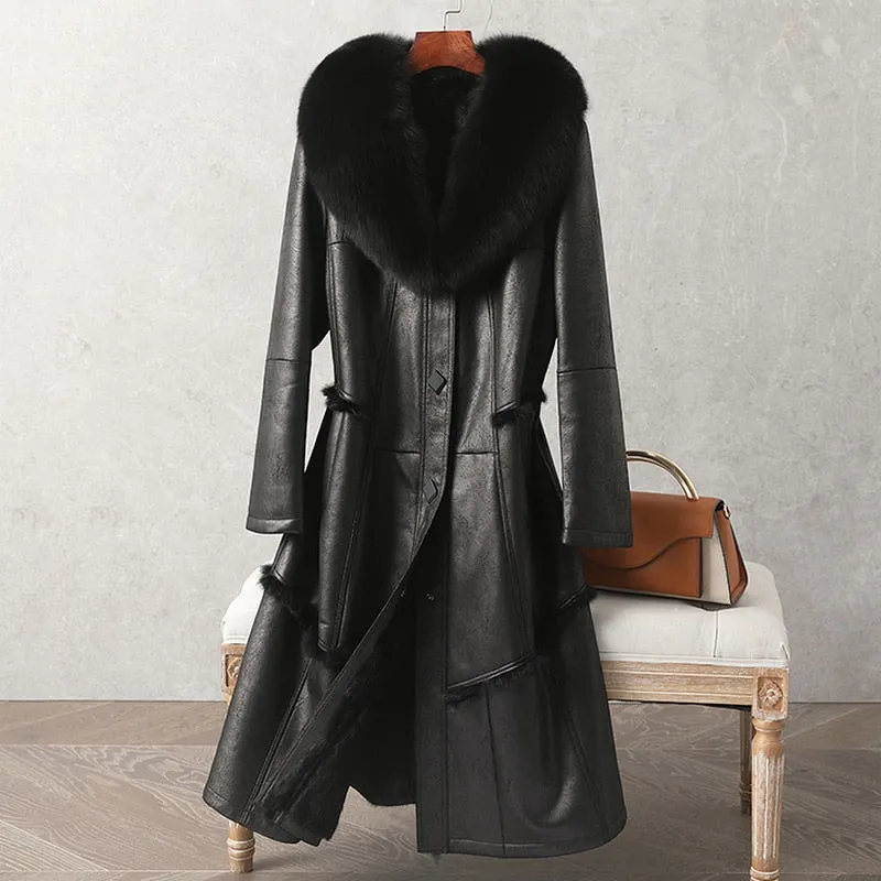 Genuine Leather  Mid-Length Fox Fur Collar Rabbit Fur Lining Coat