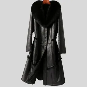 Genuine Leather  Mid-Length Fox Fur Collar Rabbit Fur Lining Coat