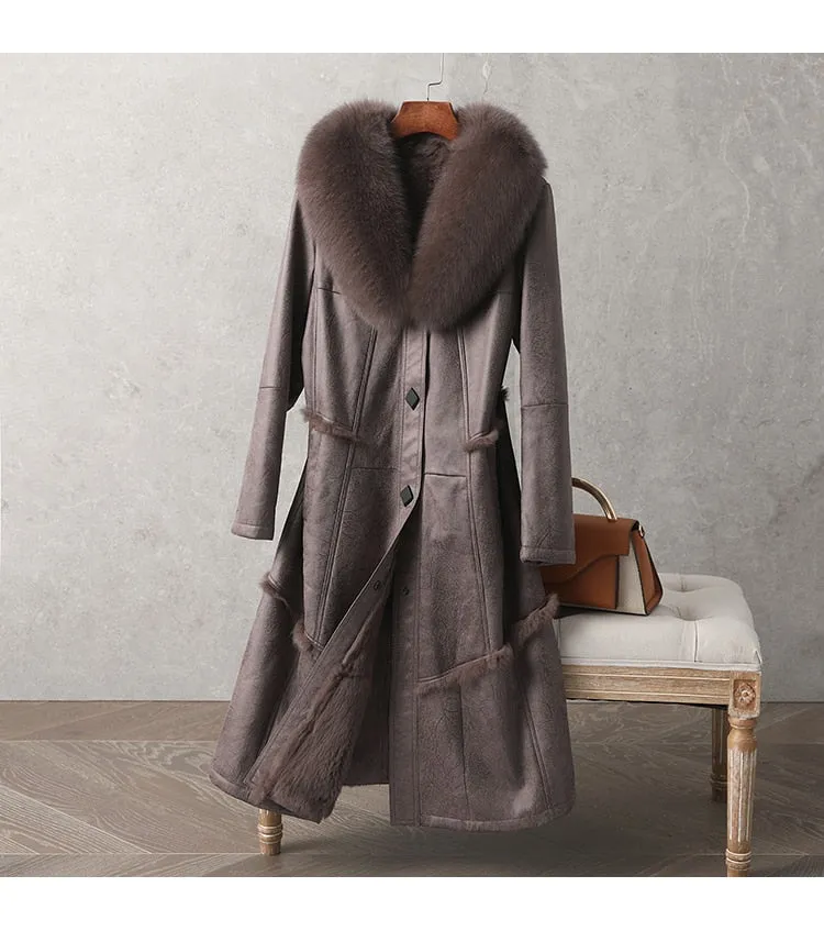 Genuine Leather  Mid-Length Fox Fur Collar Rabbit Fur Lining Coat