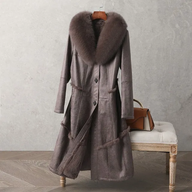 Genuine Leather  Mid-Length Fox Fur Collar Rabbit Fur Lining Coat