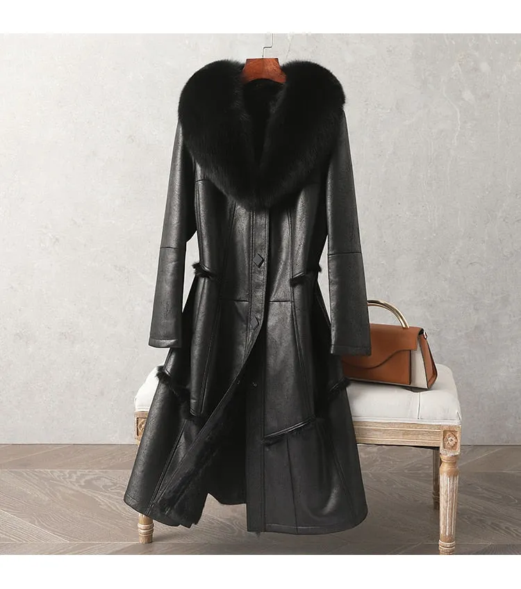 Genuine Leather  Mid-Length Fox Fur Collar Rabbit Fur Lining Coat