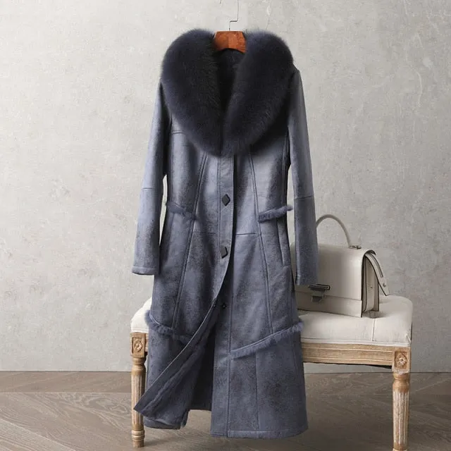 Genuine Leather  Mid-Length Fox Fur Collar Rabbit Fur Lining Coat