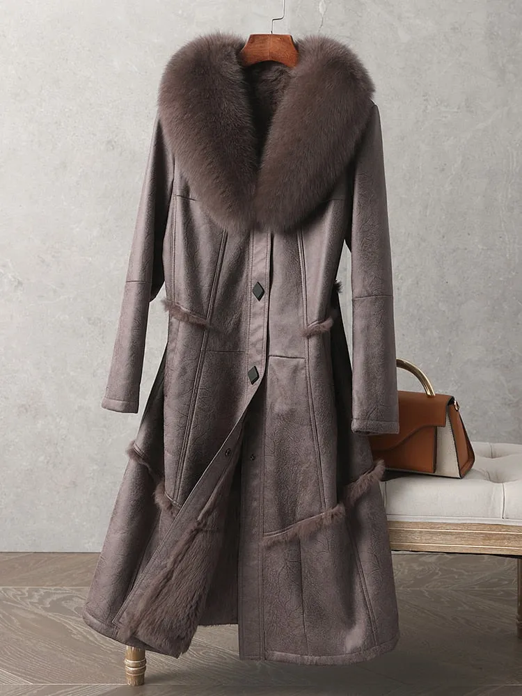 Genuine Leather  Mid-Length Fox Fur Collar Rabbit Fur Lining Coat