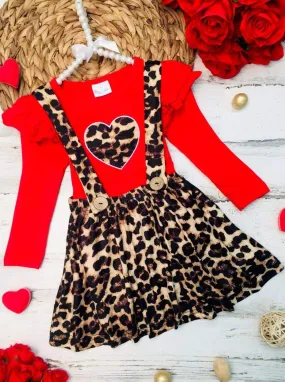 Girls Untamed Heart Animal Print Long Sleeve Shirt and Pinafore Skirt Set