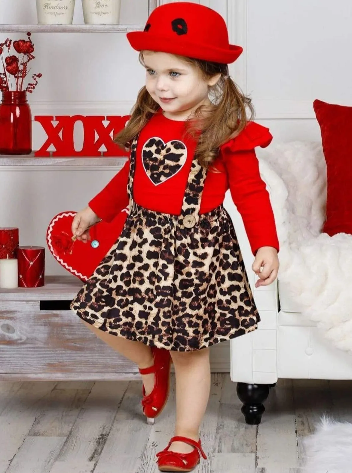 Girls Untamed Heart Animal Print Long Sleeve Shirt and Pinafore Skirt Set