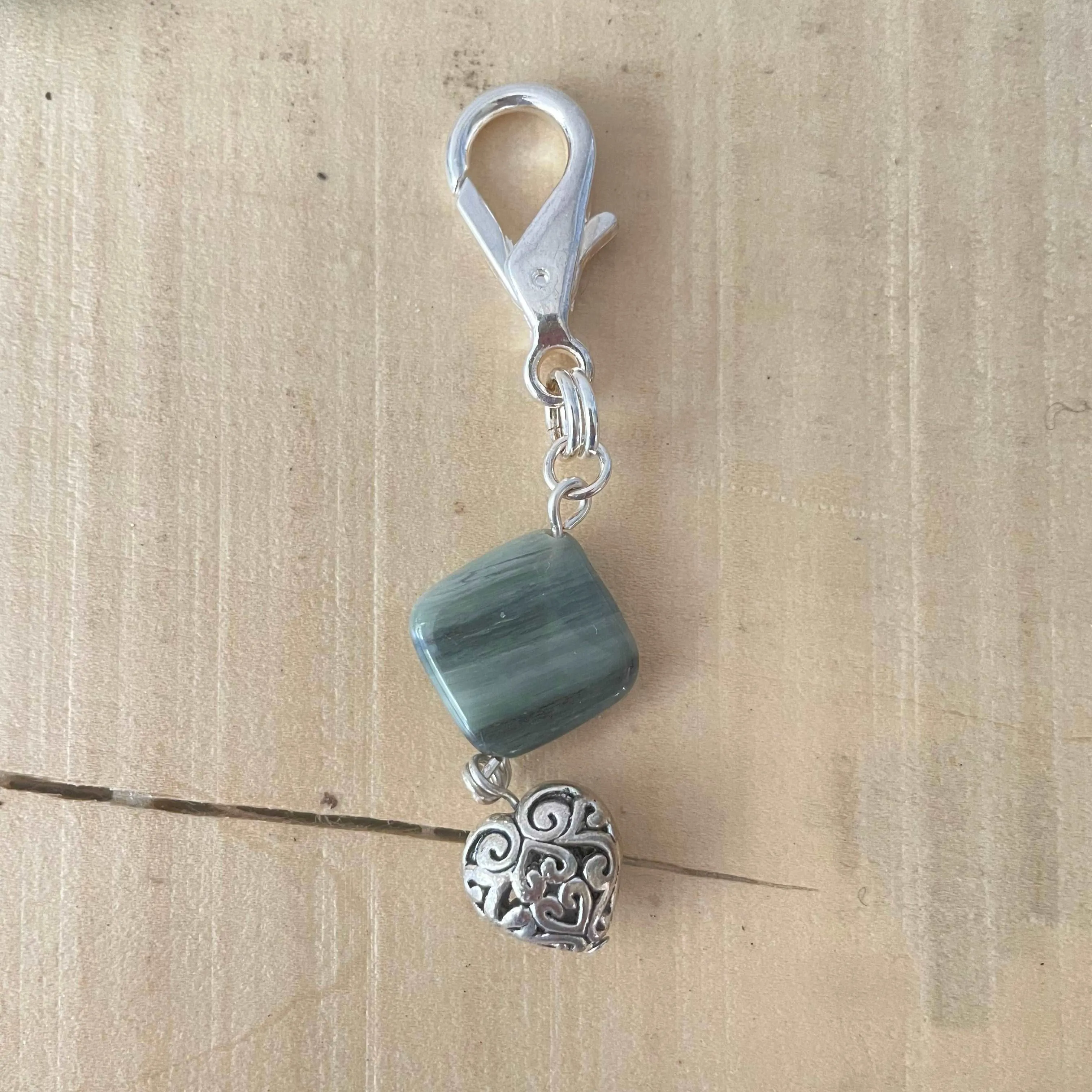 Green Agate & Metal Heart Pet Collar Charm