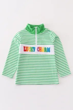 Green stripe lucky charm french knot boy pullover