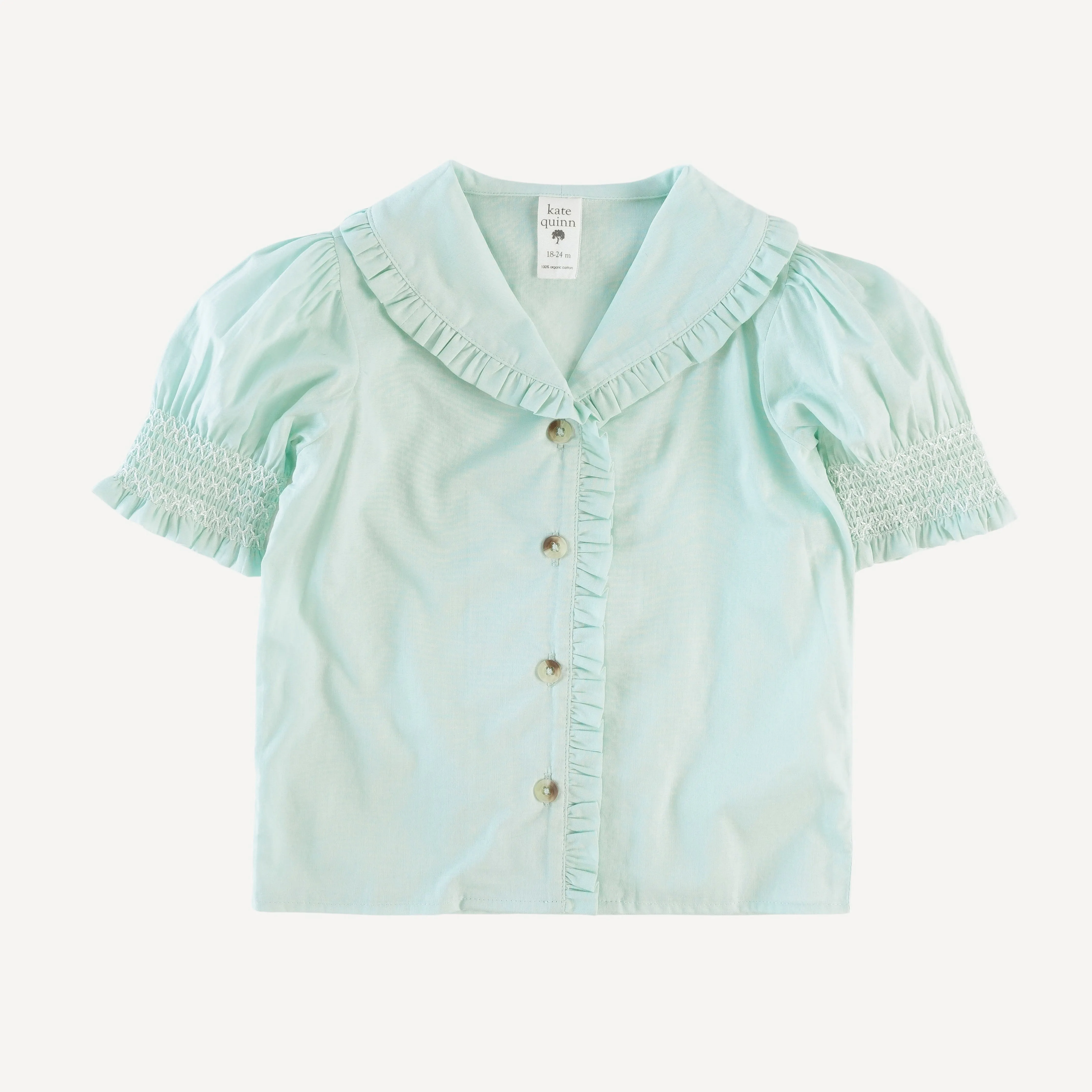 half sleeve ruffle shawl collar top | ice cap | organic cotton woven