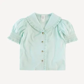 half sleeve ruffle shawl collar top | ice cap | organic cotton woven