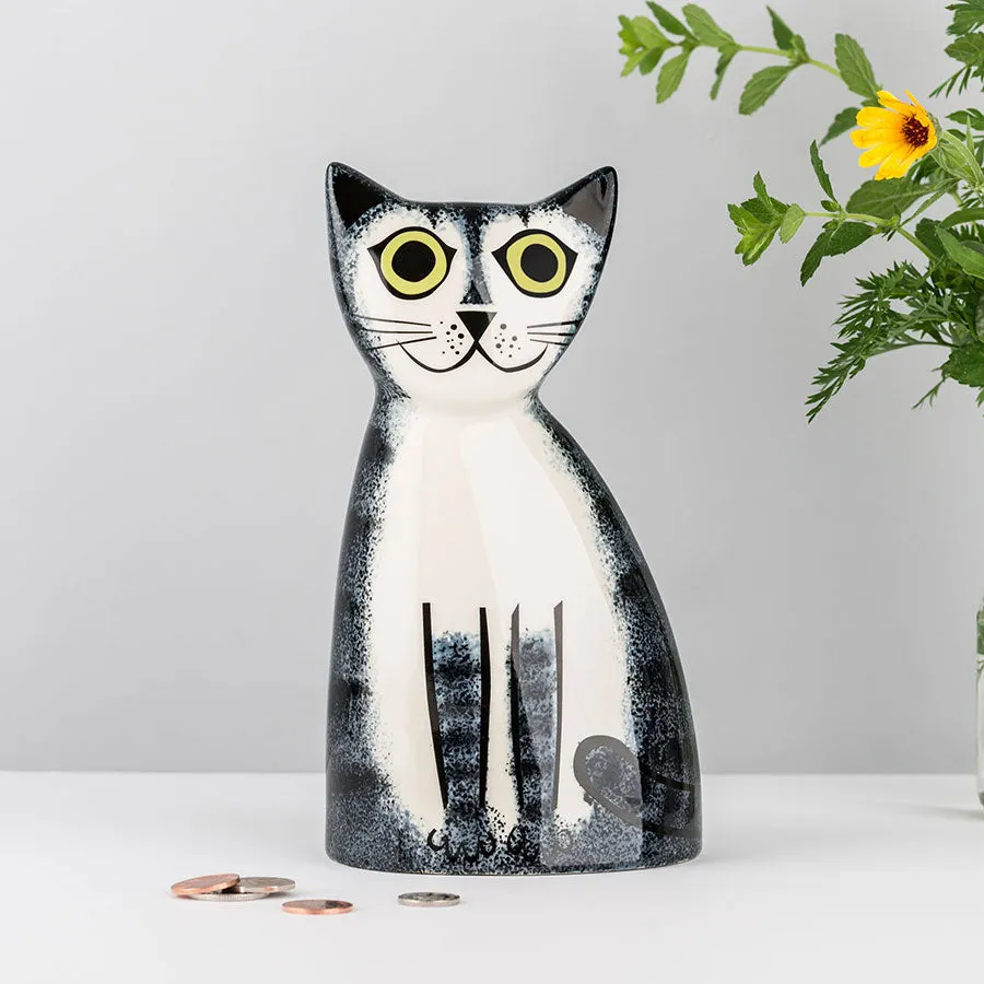 Handmade Ceramic Grey Tabby Cat Money Box x 1