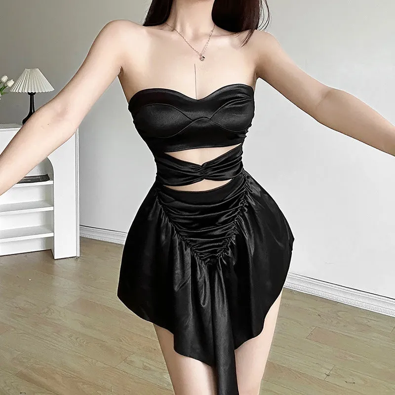 Hollow Backless Irregular Black Tube Top Dress