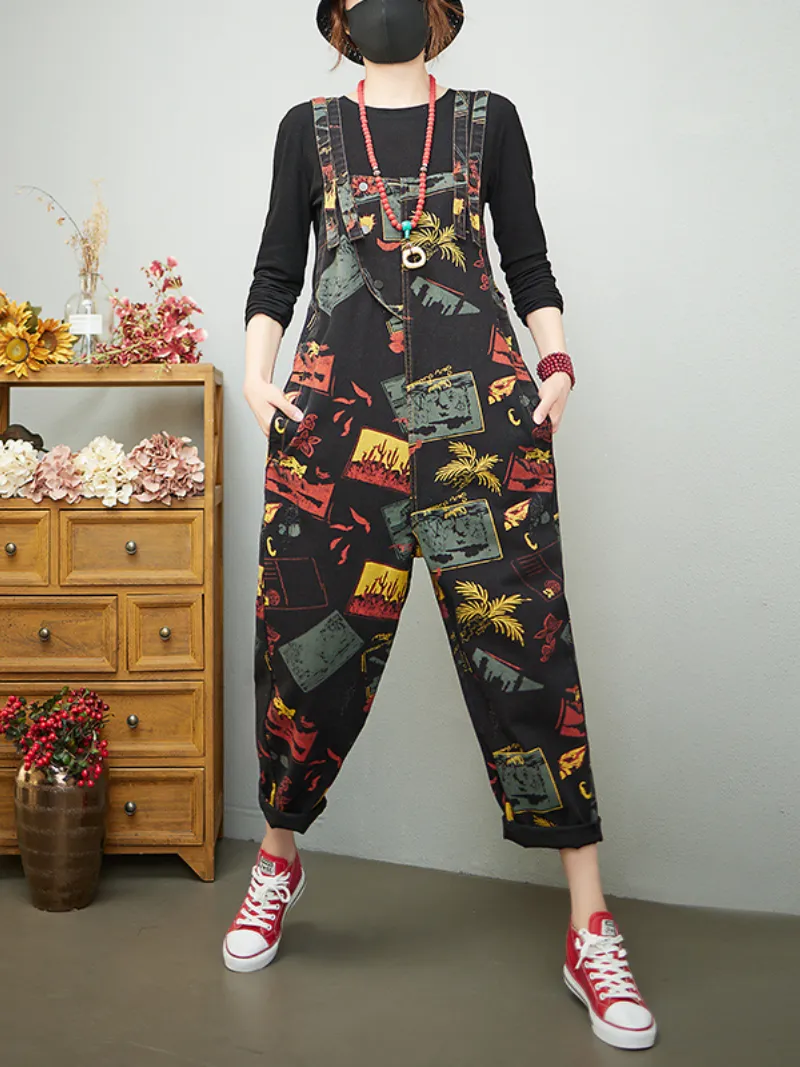 Keep Your Dream Save Denim Printed High Waist Overalls