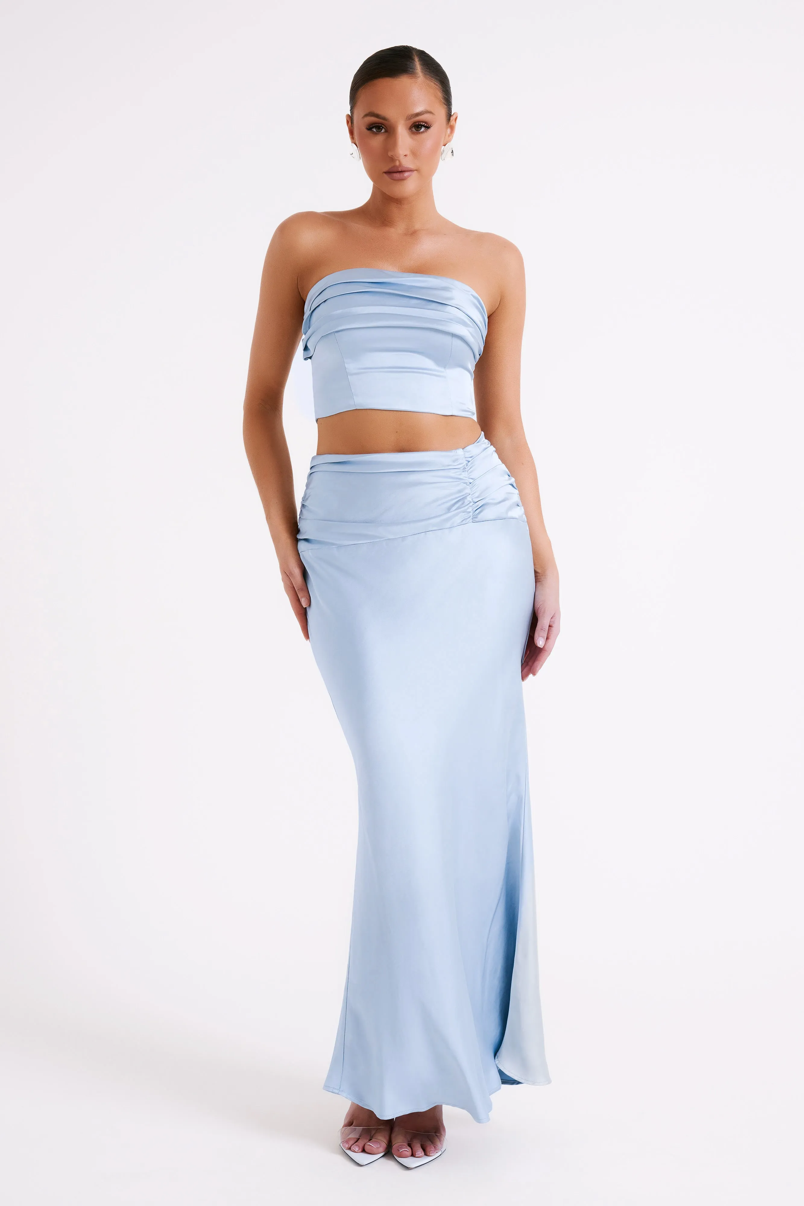 Khalani Ruched Strapless Satin Top - Ice Blue