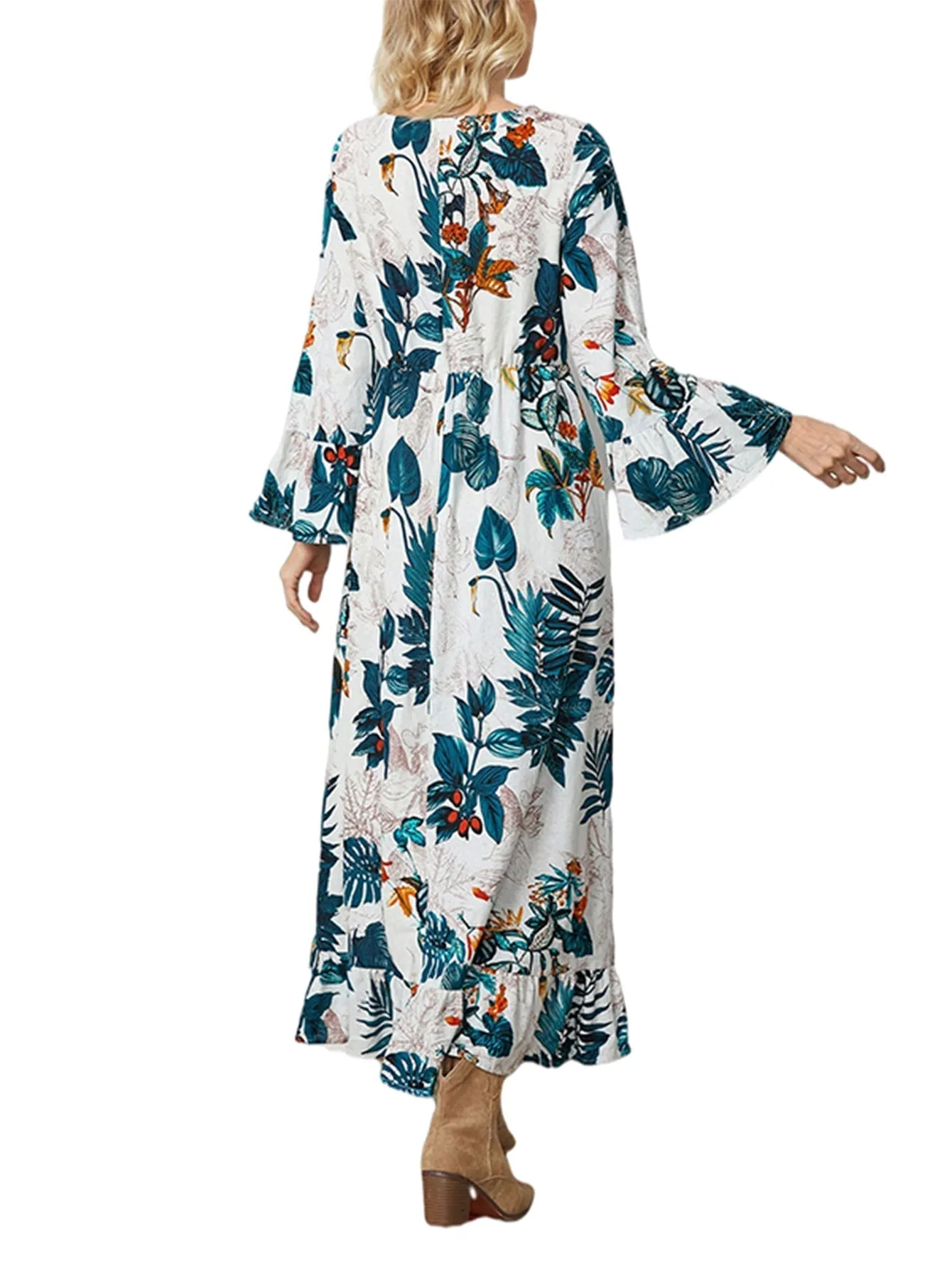 KittenAlarm - Boho Plants Printing High Waist Flare Sleeve Midi Dress