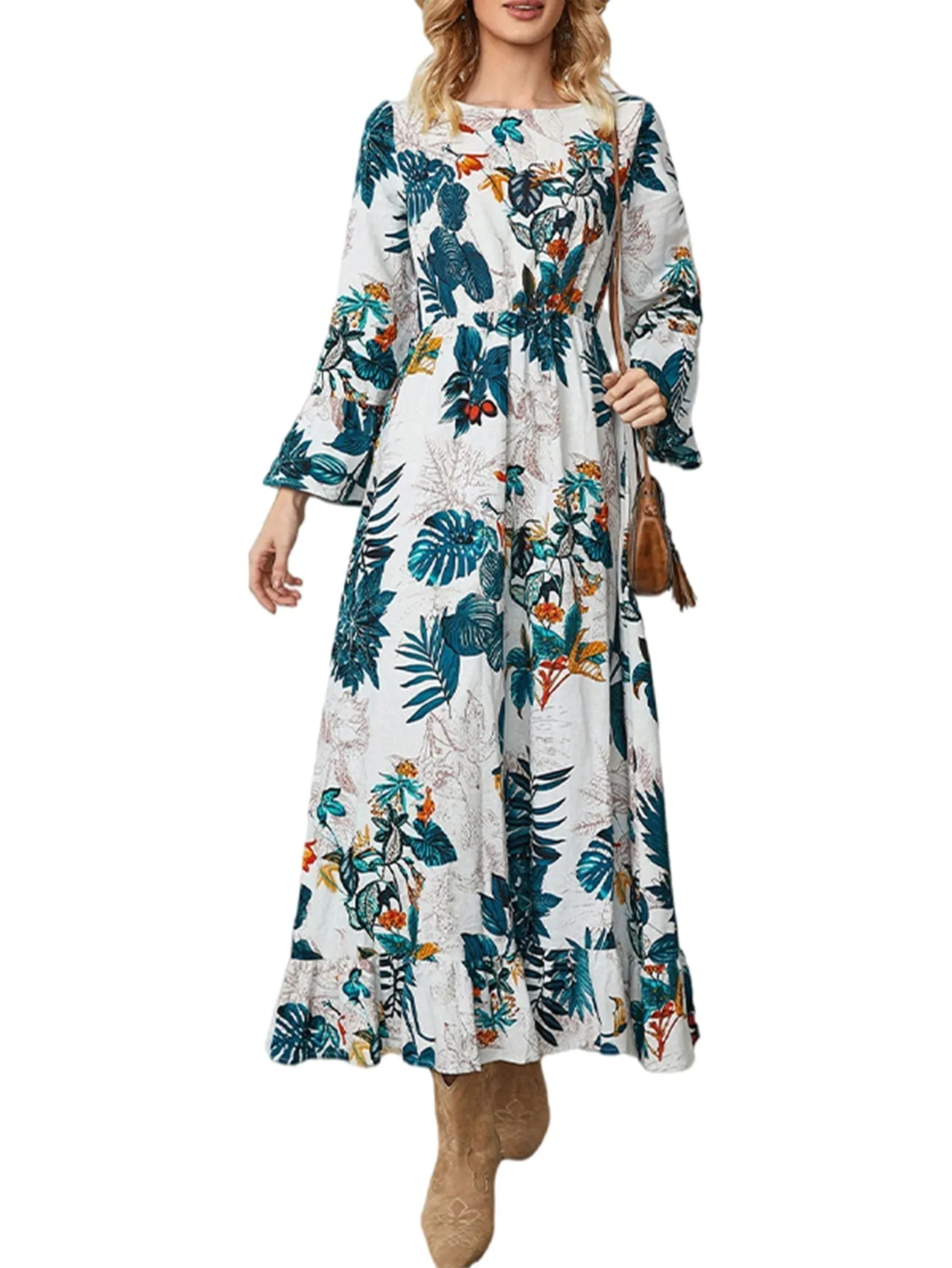 KittenAlarm - Boho Plants Printing High Waist Flare Sleeve Midi Dress