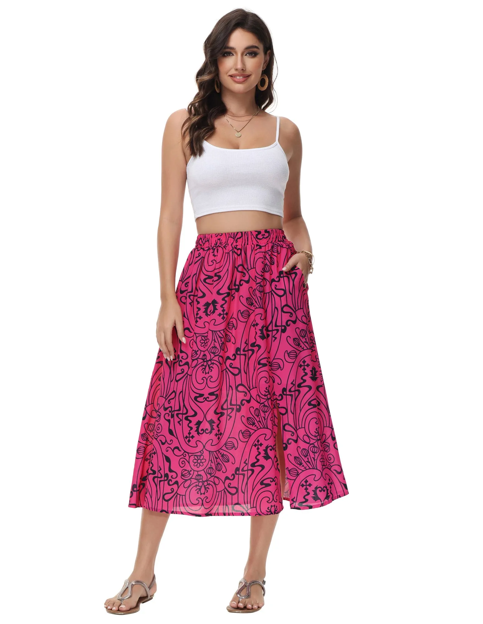 KK Women Front Slit Swing Skirt Elastic High Waist Below Mid-Calf A-Line Skirt