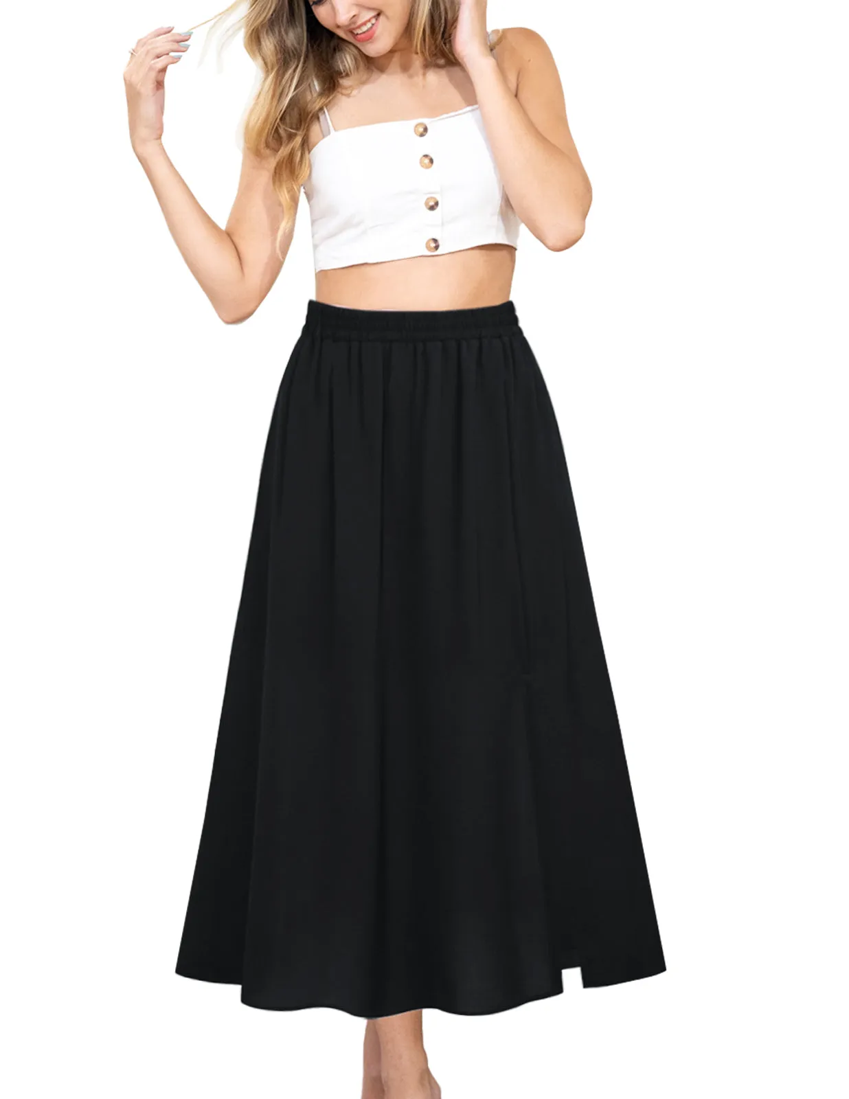 KK Women Front Slit Swing Skirt Elastic High Waist Below Mid-Calf A-Line Skirt