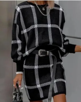 Large Plaid Pullover Long Sleeve Woolen Skirt Suit Two-piece Set