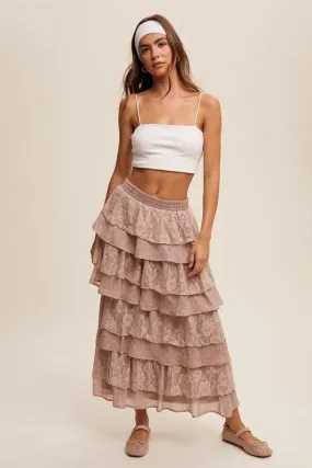 Light Mocha Lace And Rose Jacquard Ruffle Tiered Maxi Skirt