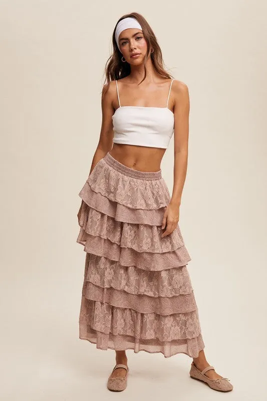 Light Mocha Lace And Rose Jacquard Ruffle Tiered Maxi Skirt