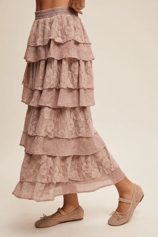 Light Mocha Lace And Rose Jacquard Ruffle Tiered Maxi Skirt