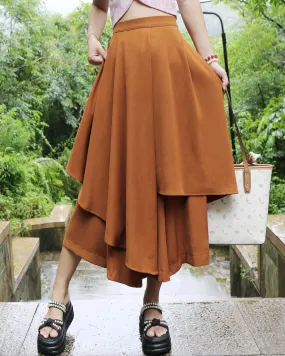 Linen skirt pants/wide leg pants/Cropped pants/Asymmetrical skirt pants/Elastic waist pants/A-line skirt pants/orange skirt/layered pants (K2135Y)