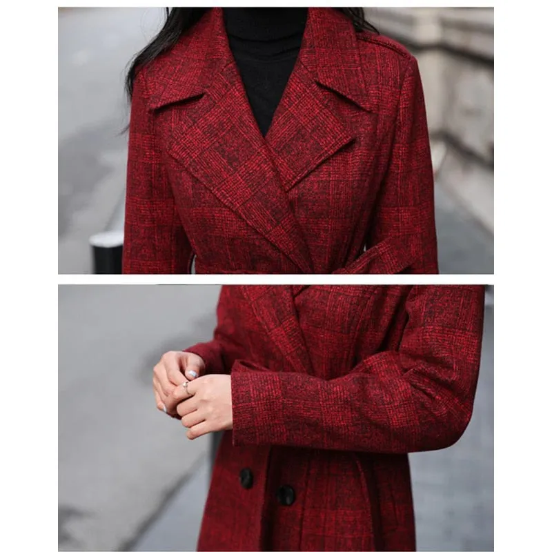 Long Plaid Wool Trench Coat