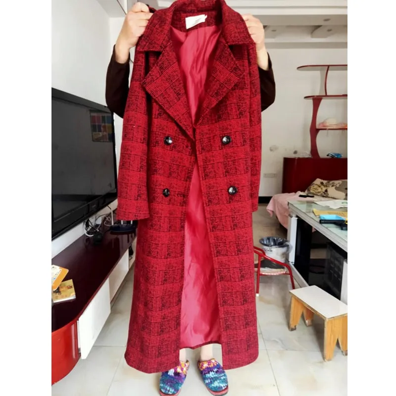 Long Plaid Wool Trench Coat