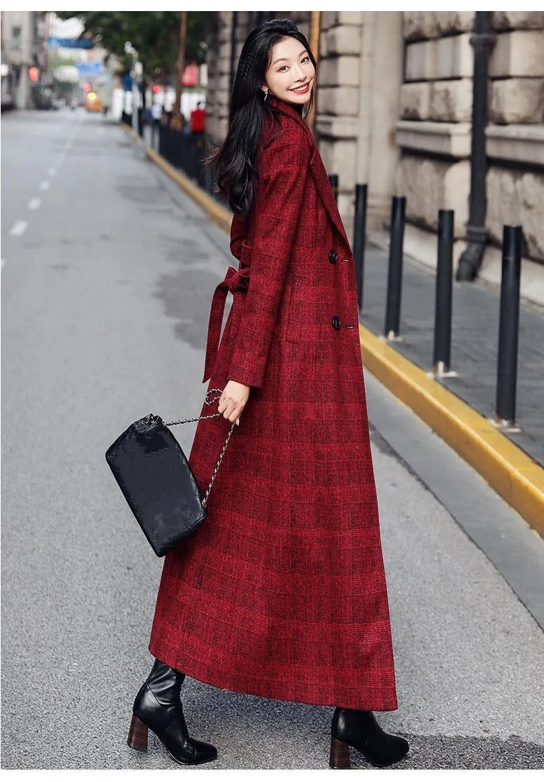 Long Plaid Wool Trench Coat