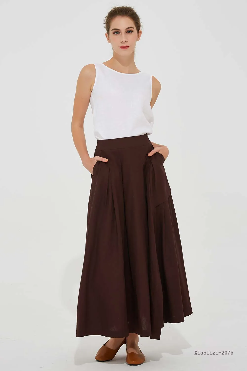 maxi brown linen skirt, asymmetrical skirt 2075