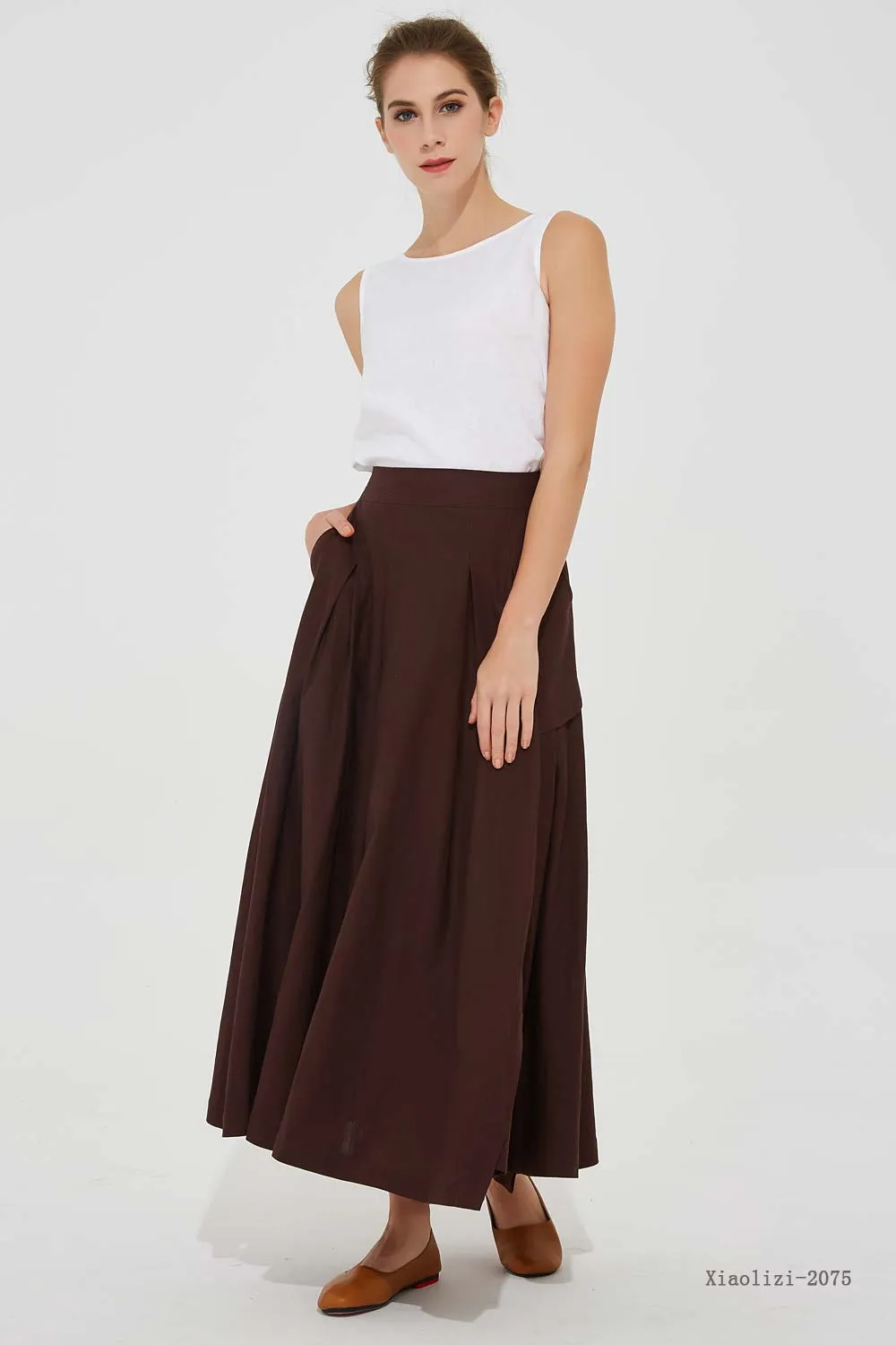 maxi brown linen skirt, asymmetrical skirt 2075