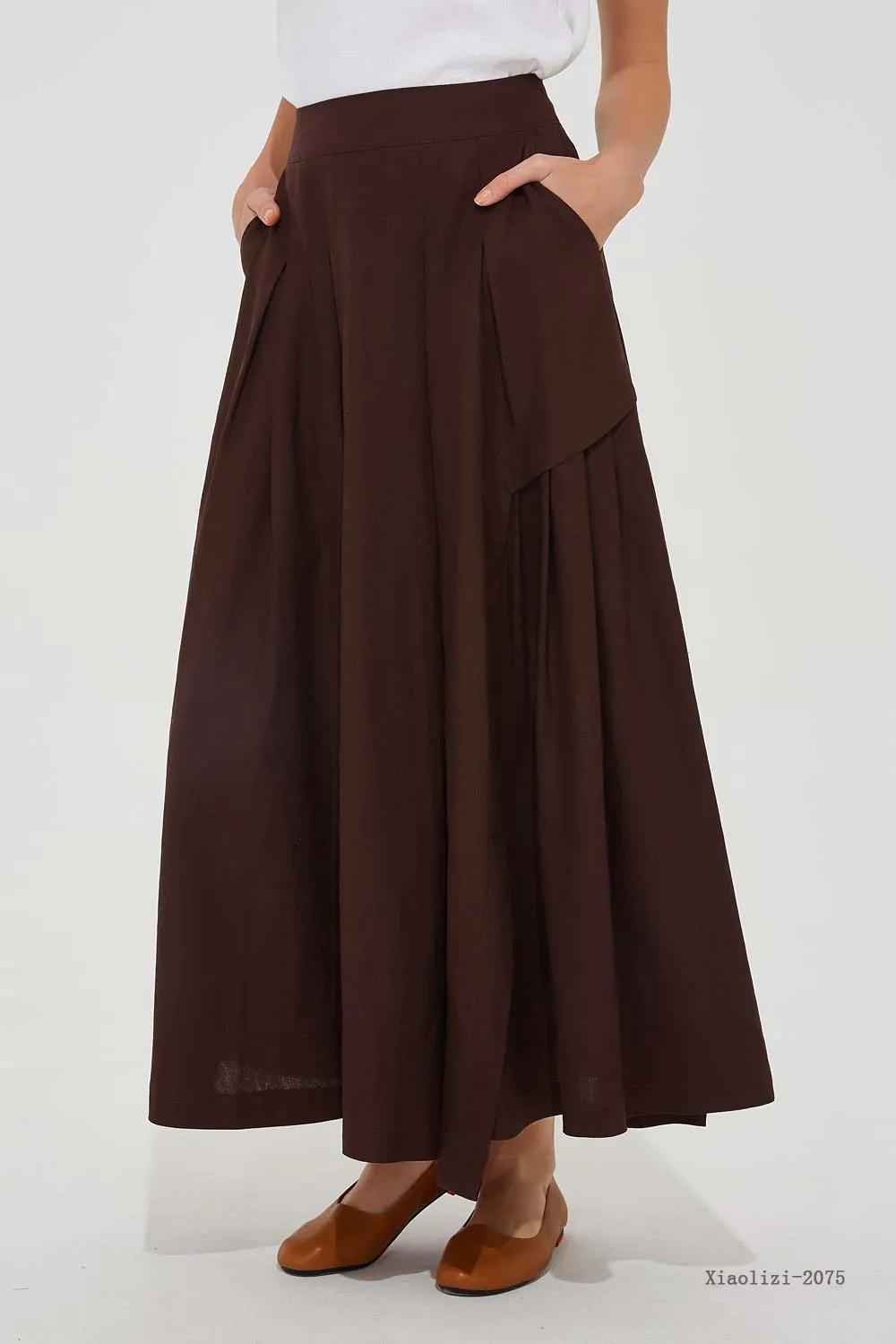 maxi brown linen skirt, asymmetrical skirt 2075