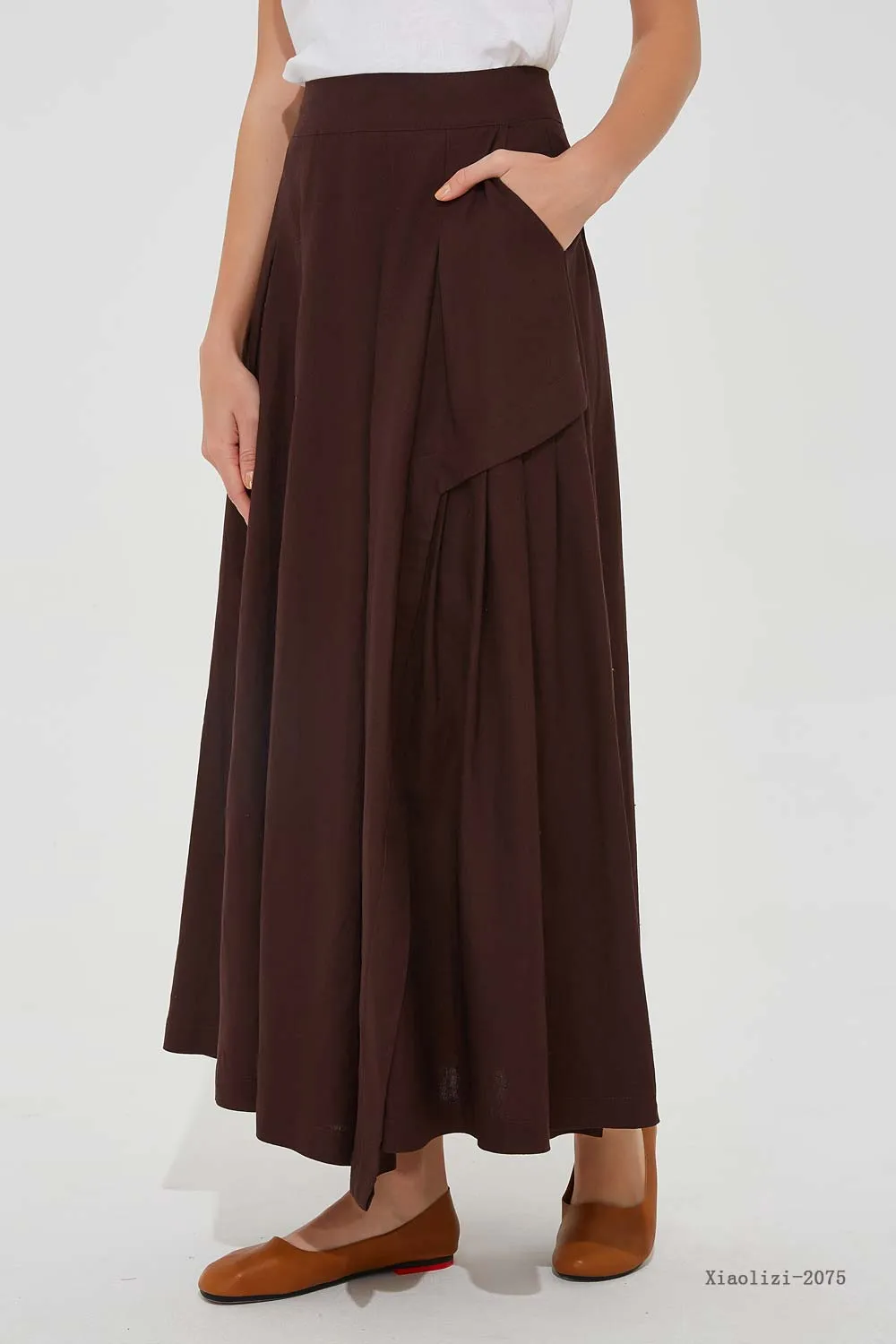 maxi brown linen skirt, asymmetrical skirt 2075