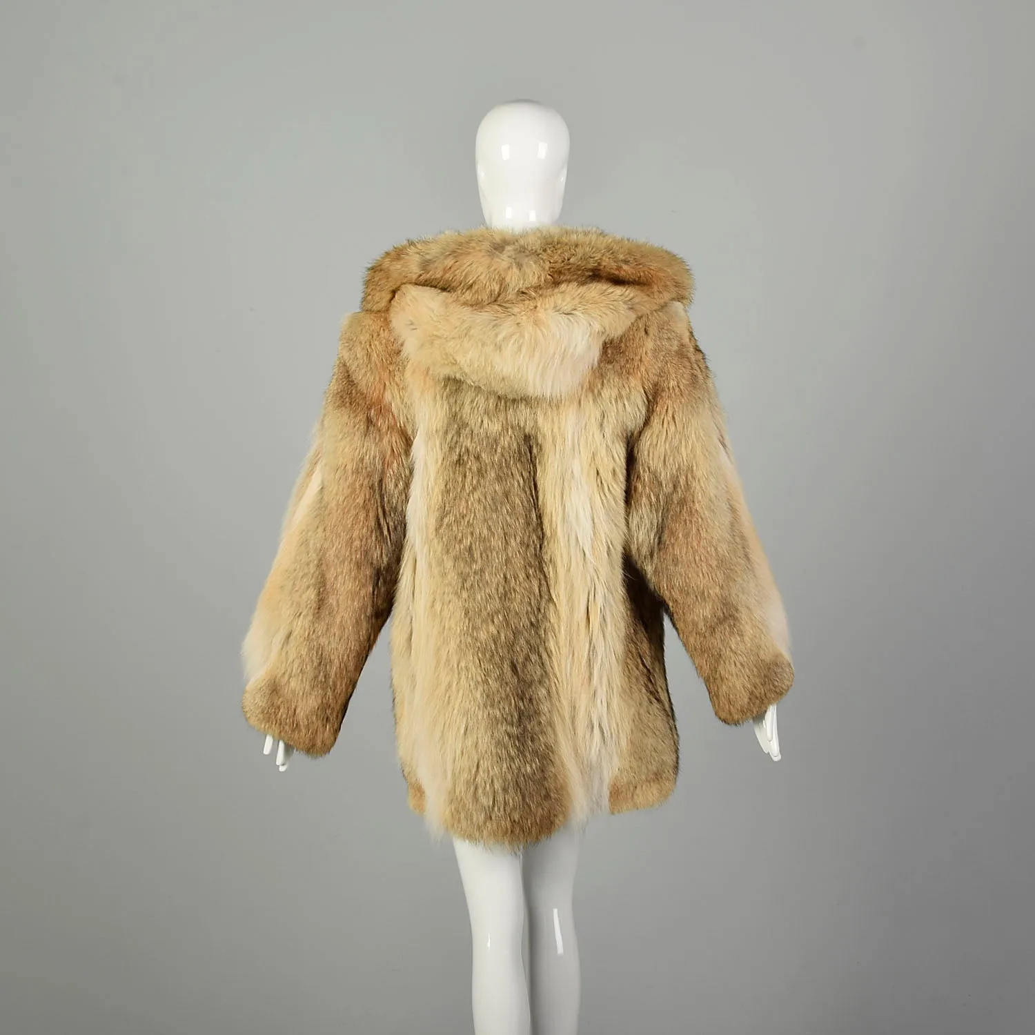 Medium 1980s Coat Real Coyote Fur Tan Hooded Winter Jacket