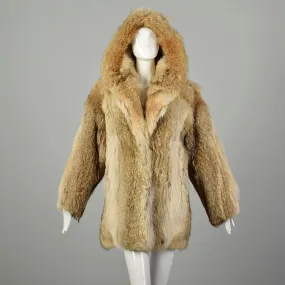 Medium 1980s Coat Real Coyote Fur Tan Hooded Winter Jacket