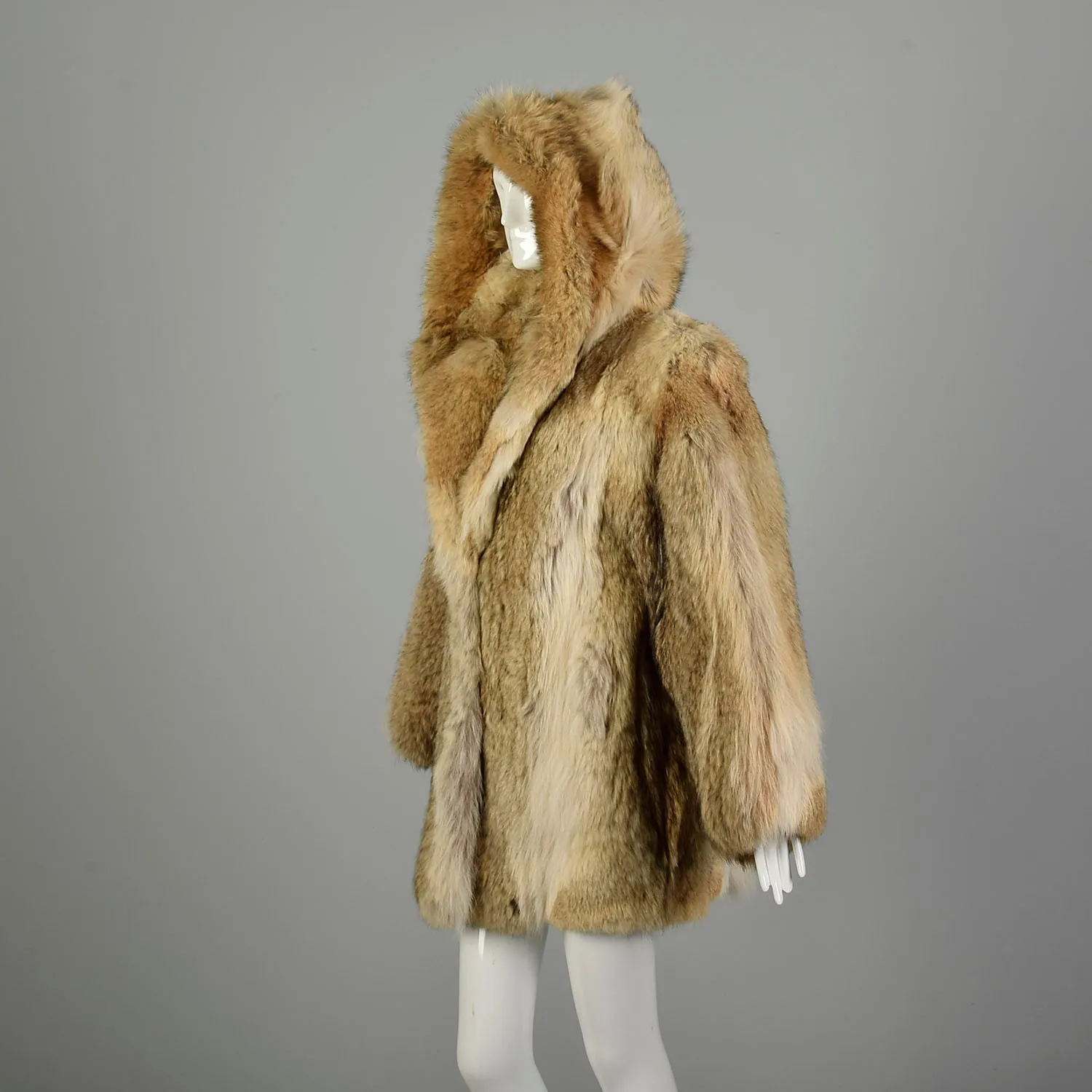 Medium 1980s Coat Real Coyote Fur Tan Hooded Winter Jacket