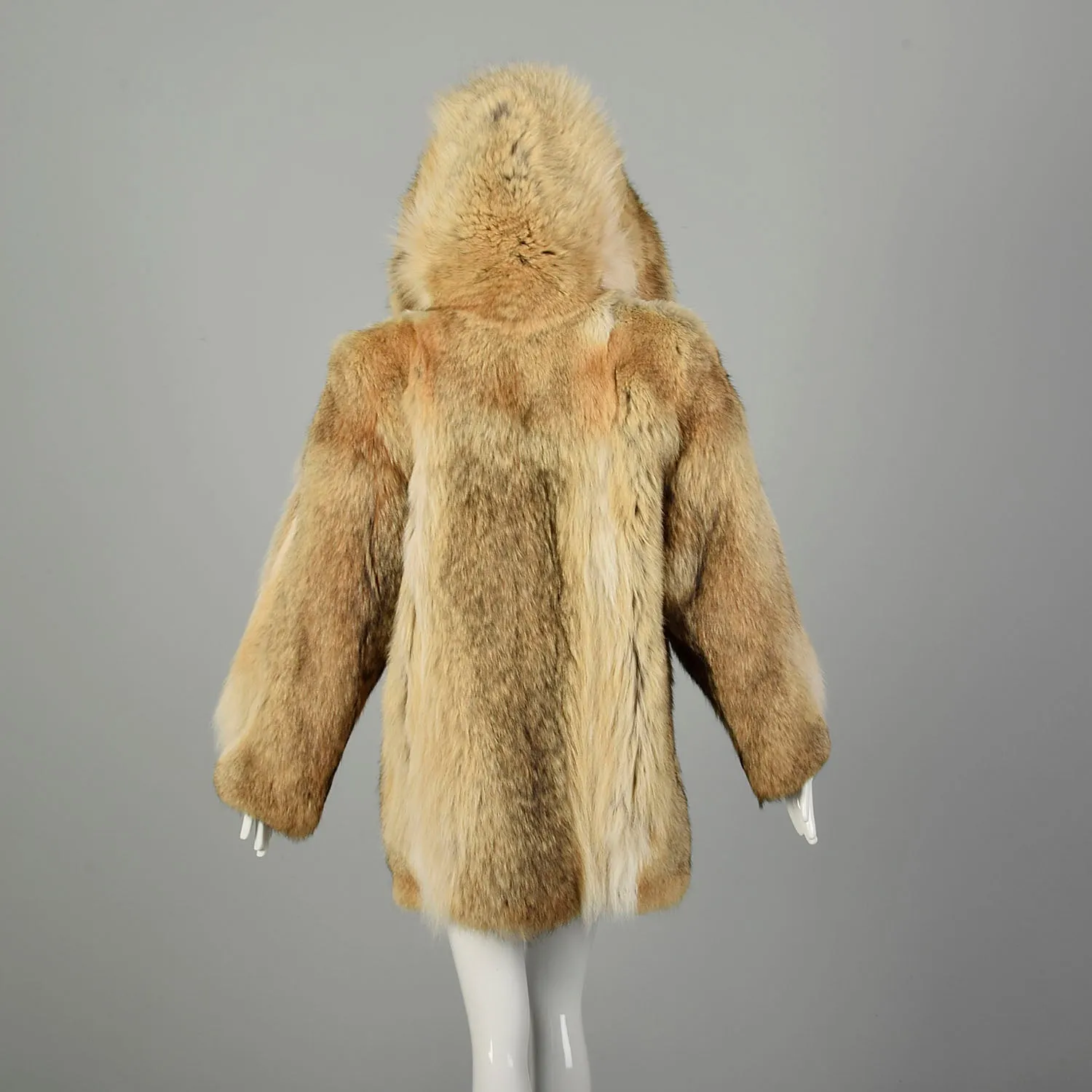 Medium 1980s Coat Real Coyote Fur Tan Hooded Winter Jacket