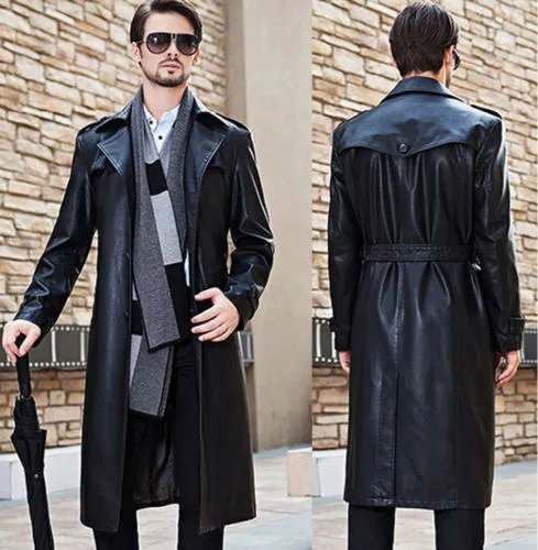 Men's Leather Knee Length Trench Long Coat MC03