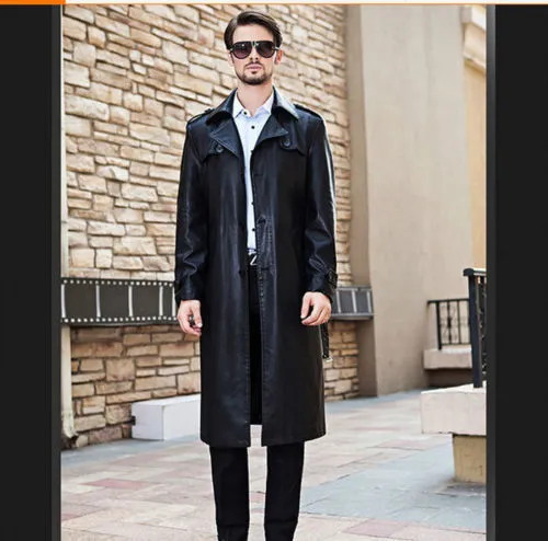 Men's Leather Knee Length Trench Long Coat MC03