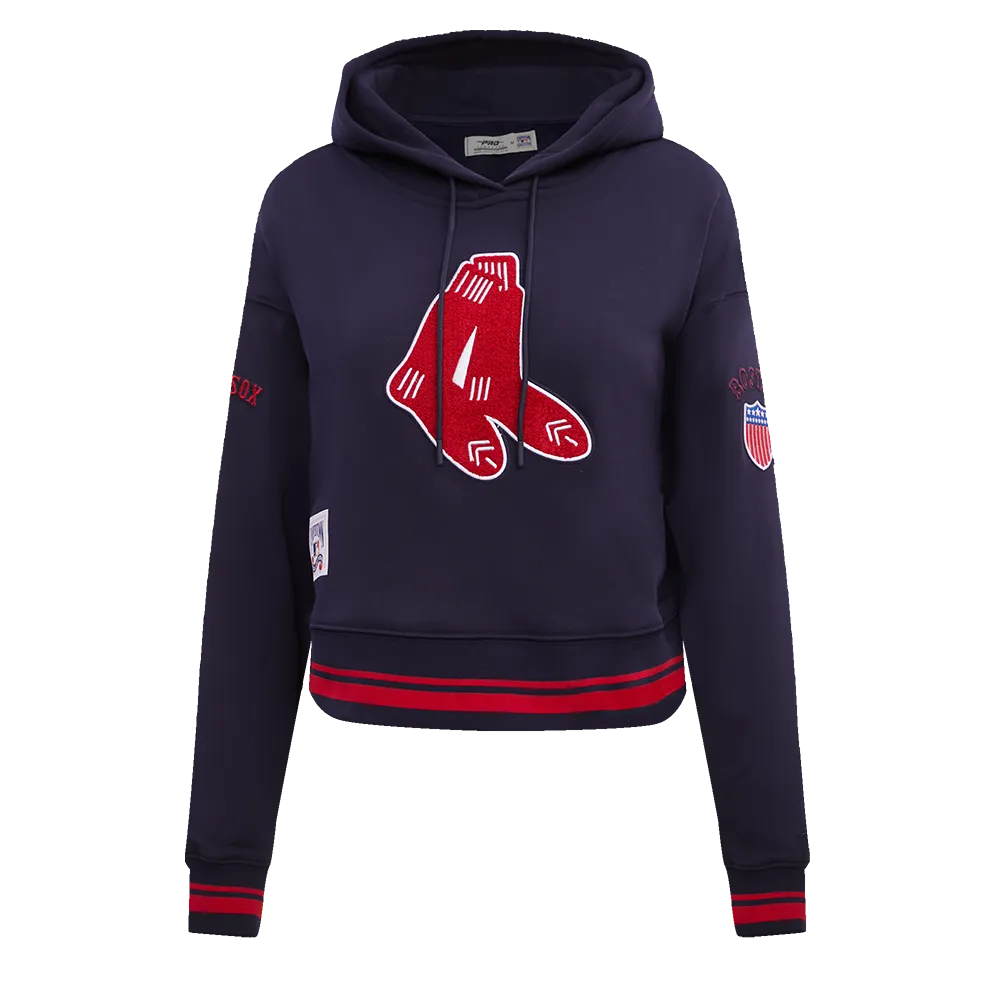 MLB BOSTON RED SOX RETRO CLASSIC WOMEN'S RIB CROPPED PO HOODIE (MIDNIGHT NAVY/RED/MIDNIGHT NAVY)