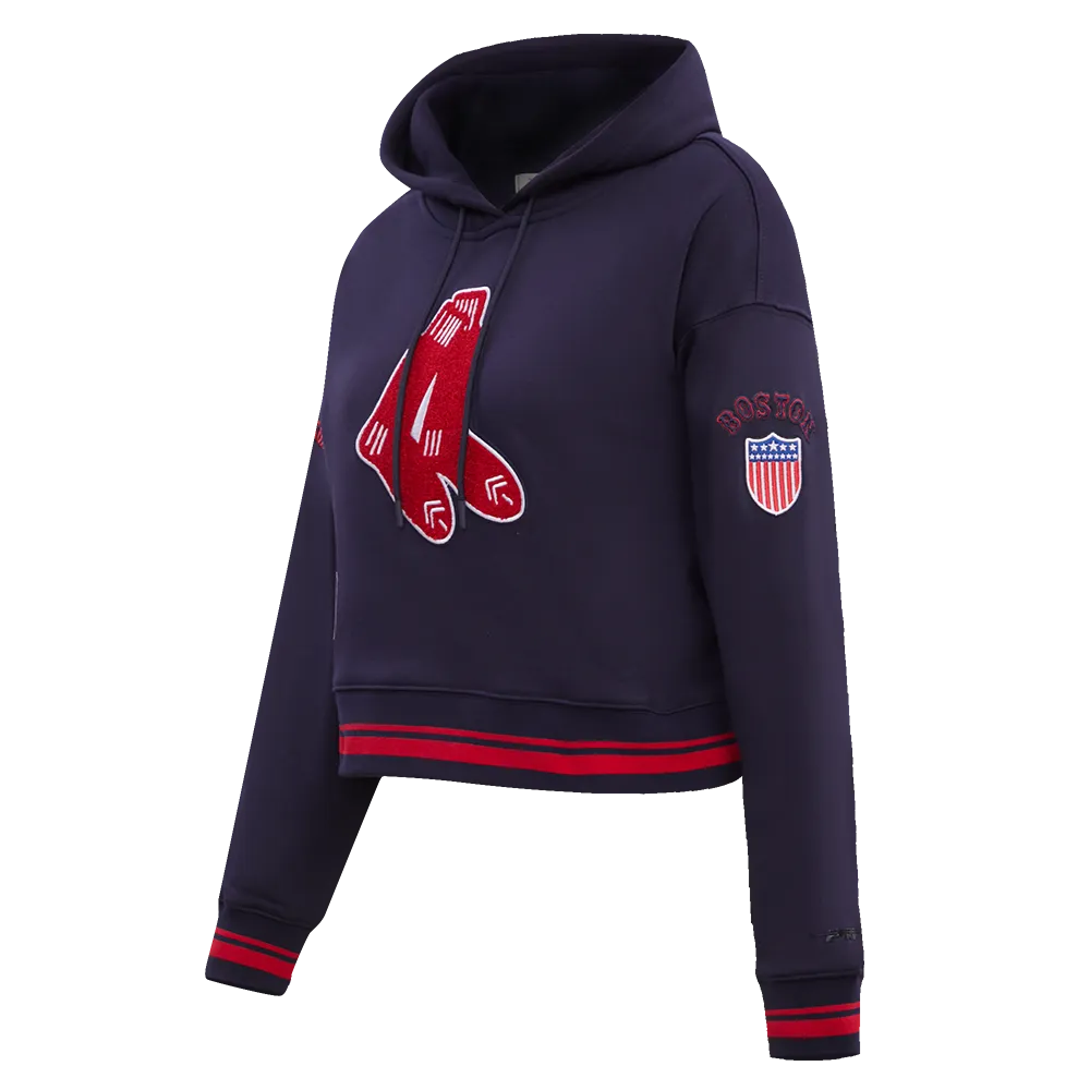 MLB BOSTON RED SOX RETRO CLASSIC WOMEN'S RIB CROPPED PO HOODIE (MIDNIGHT NAVY/RED/MIDNIGHT NAVY)