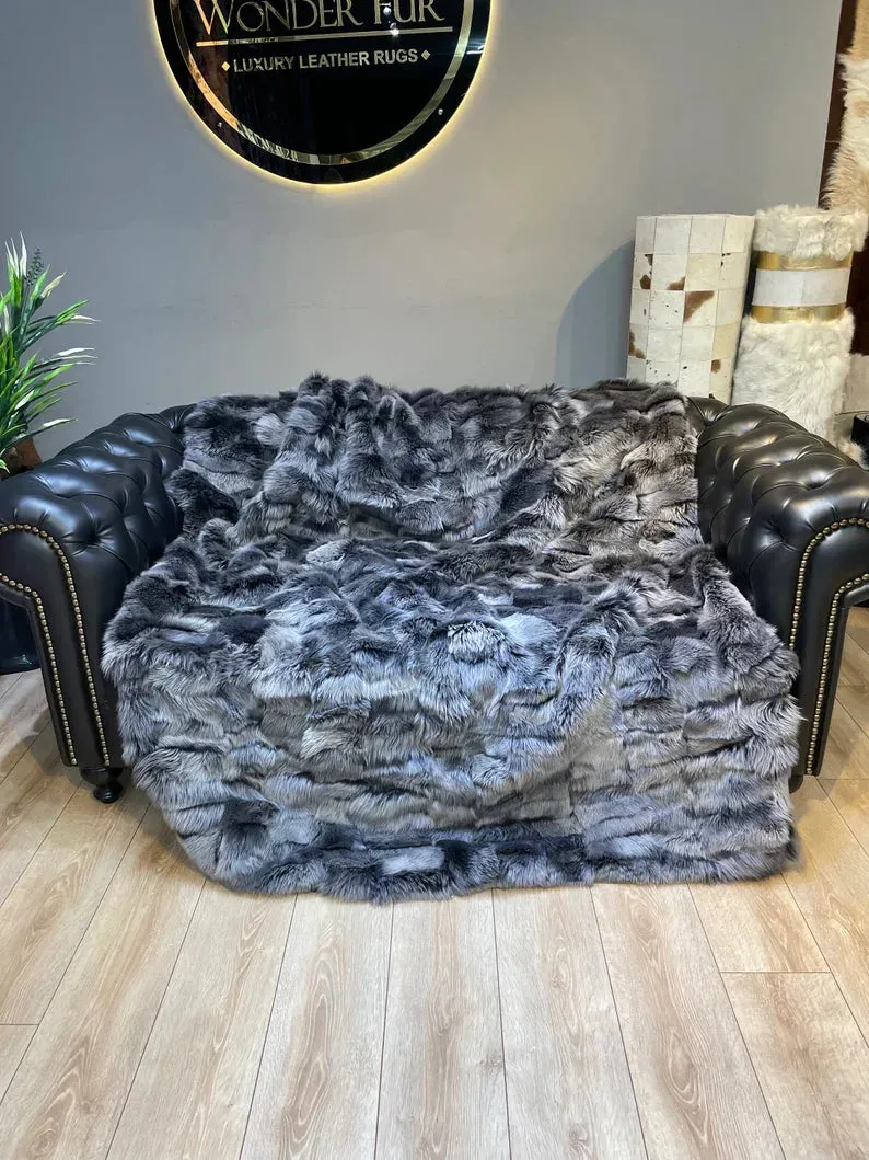 Natural Gray Handmade Sofa Fur Throw, Shaggy Soft Sheepskin Fur Blanket