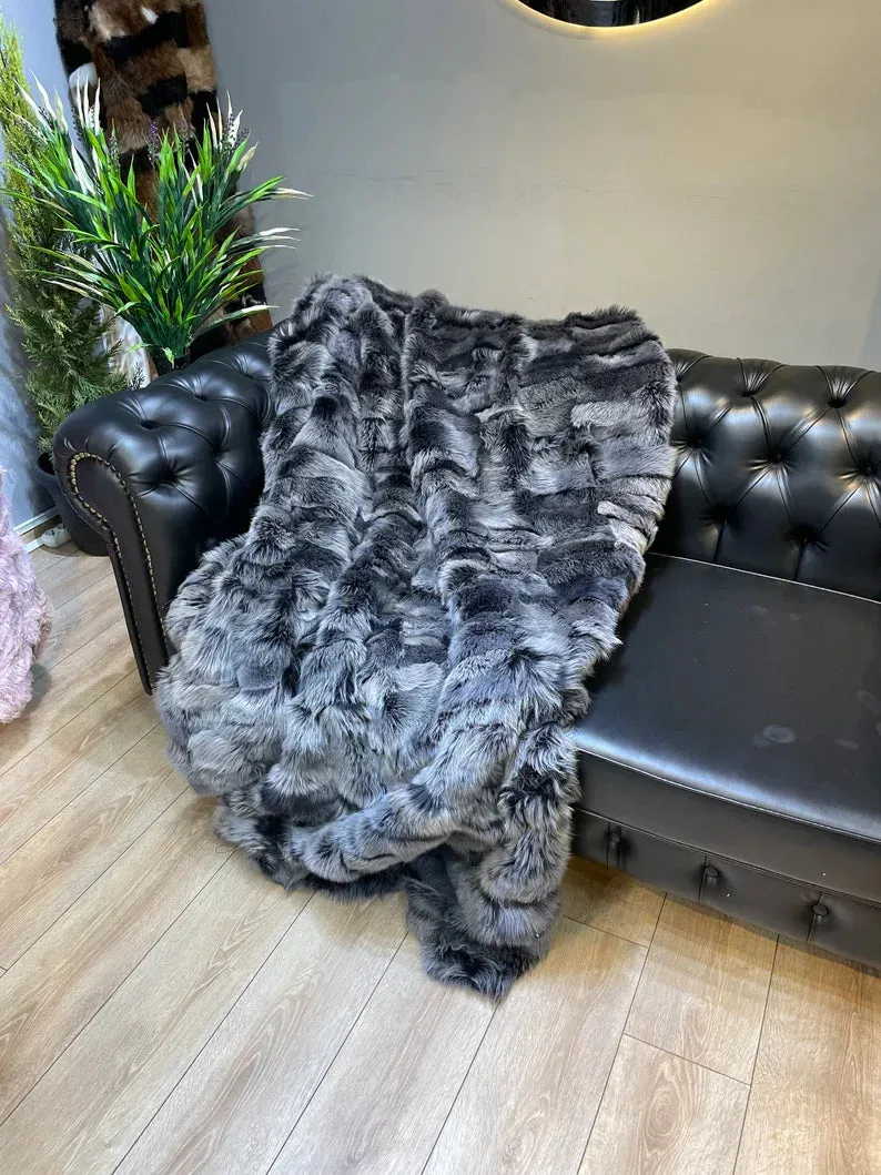 Natural Gray Handmade Sofa Fur Throw, Shaggy Soft Sheepskin Fur Blanket