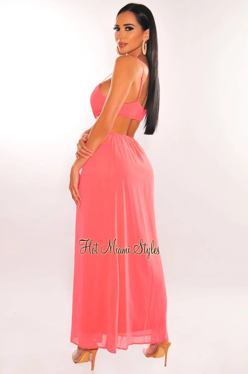 Neon Coral Smocked Spaghetti Straps Cut Out Maxi Dress