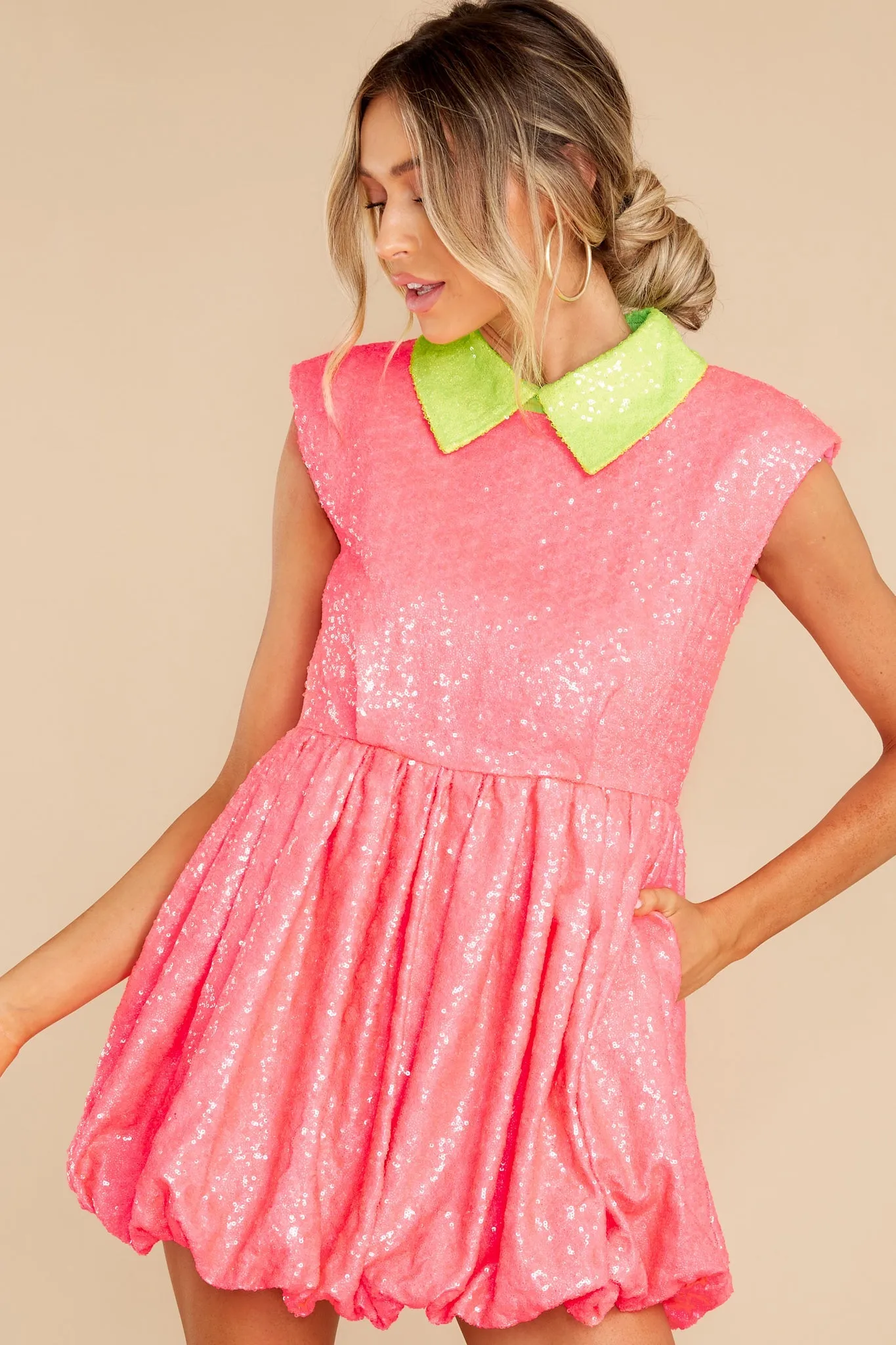 Neon Sequin Bubble Collar Dress