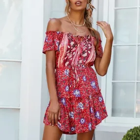 Off Shoulder Floral Print Casual Ruffled A-line Retro Boho Dress